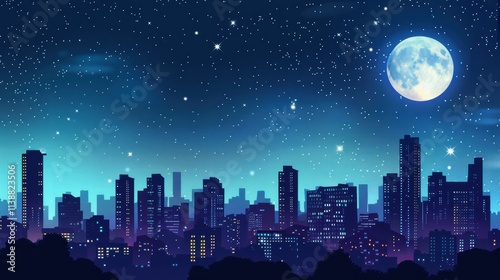 Night city skyline under full moon and starry sky.