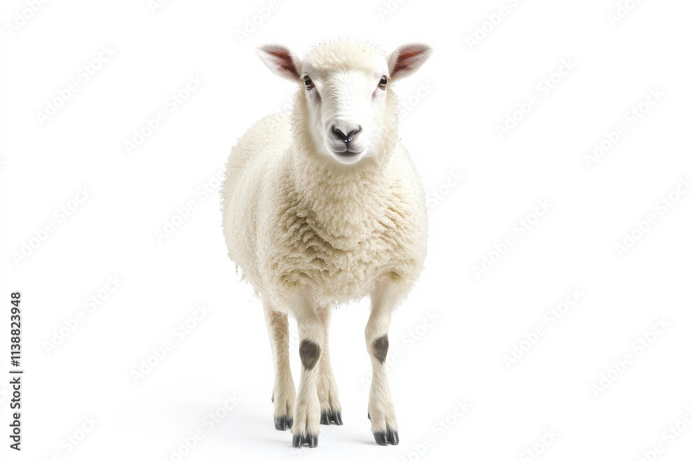 Fototapeta premium Fluffy white sheep against white background