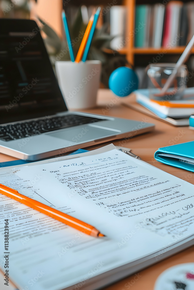 Close-up of a notebook filled with handwritten notes, a laptop, and pencils on a wooden desk, suggesting focused study or creative work. Close-up of a notebook filled with handwritten notes, a laptop, and pencils on a wooden desk, suggesting focused study or creative work.
