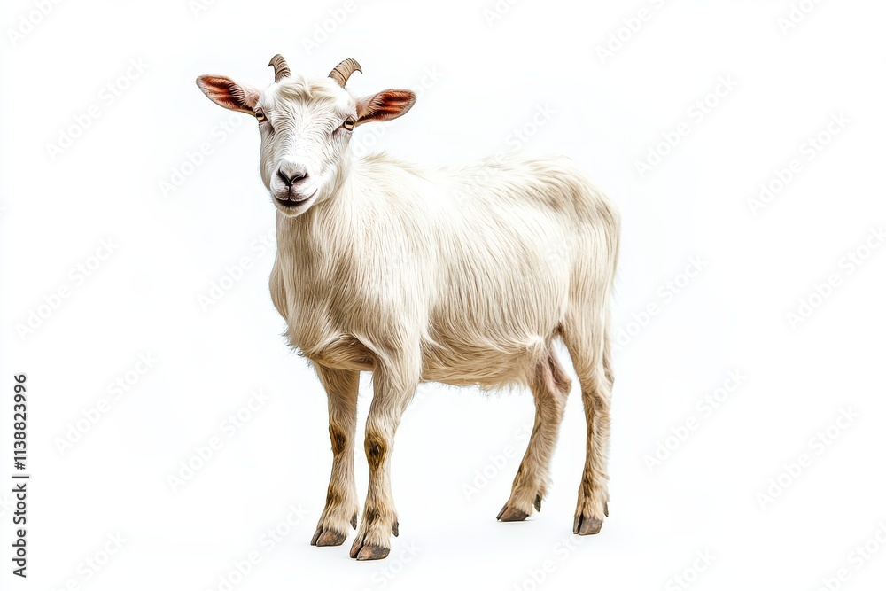 A fluffy white goat stands against a white background. A fluffy white goat stands against a white background.