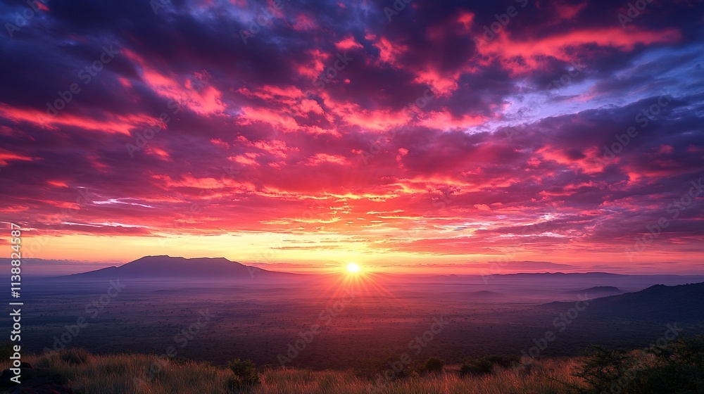 Vibrant sunrise over hazy mountains and plains. Vibrant sunrise over hazy mountains and plains.