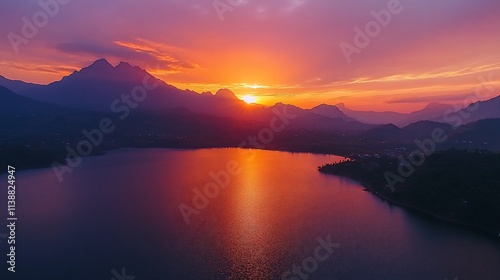 Vibrant sunset over tranquil lake and mountains.