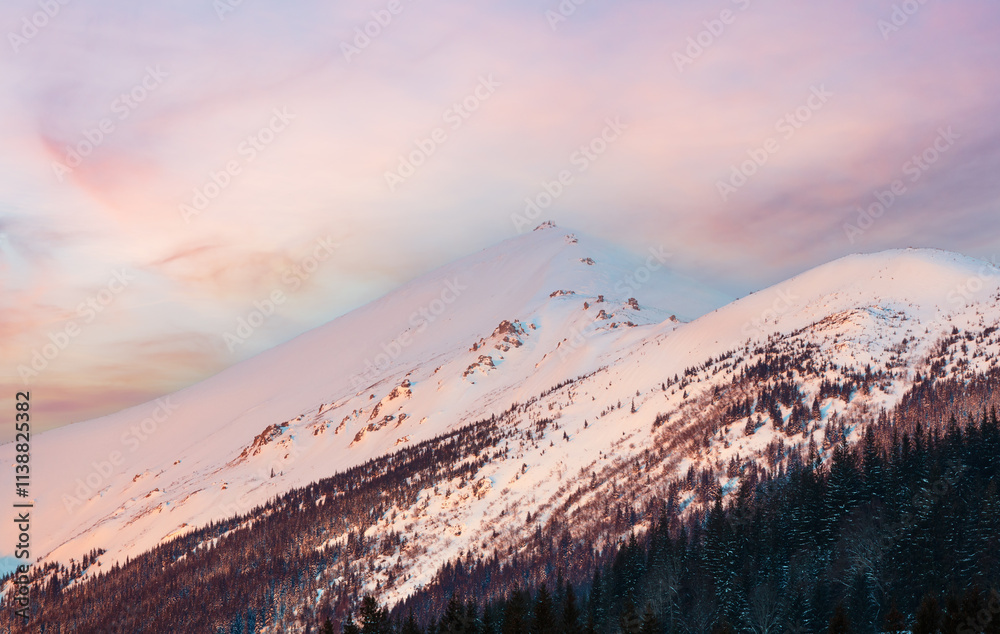 Pink sunrise morning winter mountain view