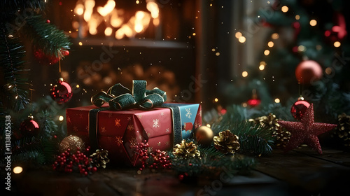 Festive Christmas gift surrounded by holiday decorations