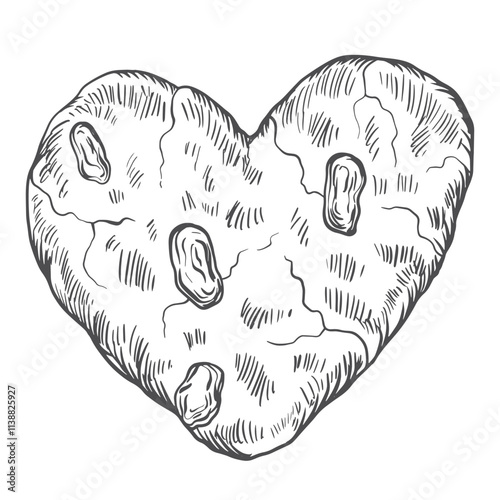 Heart-shaped oatmeal raisin cookies. Sketch style. Black and white engraved cookie. Valentines day food