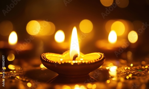 Diwali candles glowing softly, warm light illuminating surroundings, festive atmosphere, intricate designs, reflections on surface photo