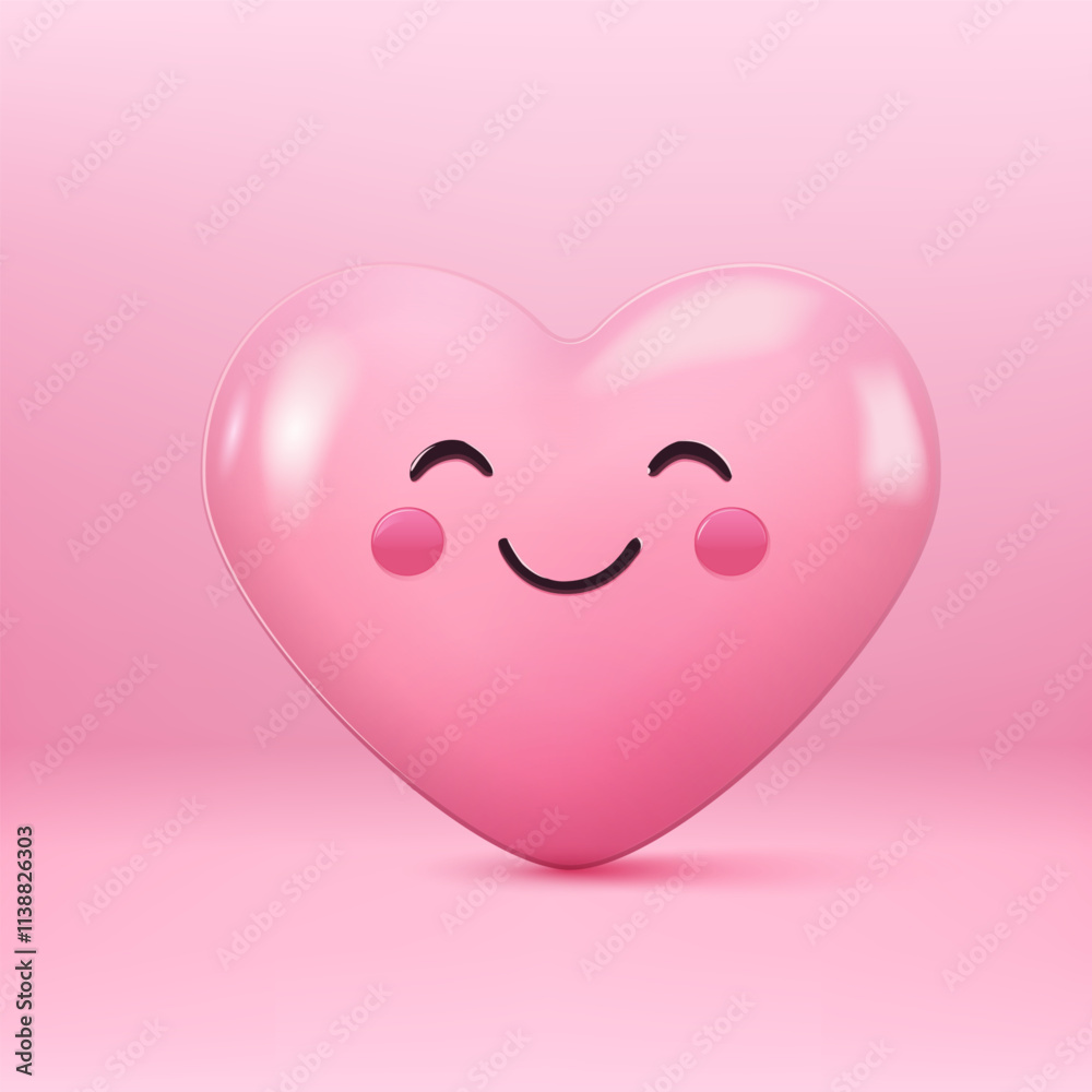 Adorable pink heart with a smiling face and rosy cheeks on a soft pink background Adorable pink heart with a smiling face and rosy cheeks on a soft pink background