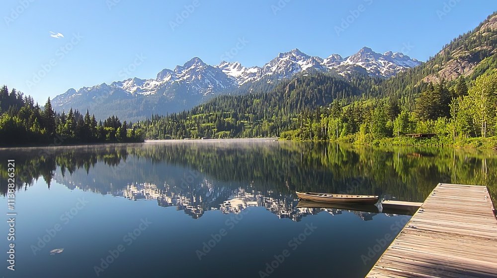 Serene lake with mountains reflecting in calm water under a clear blue sky. Serene lake with mountains reflecting in calm water under a clear blue sky.