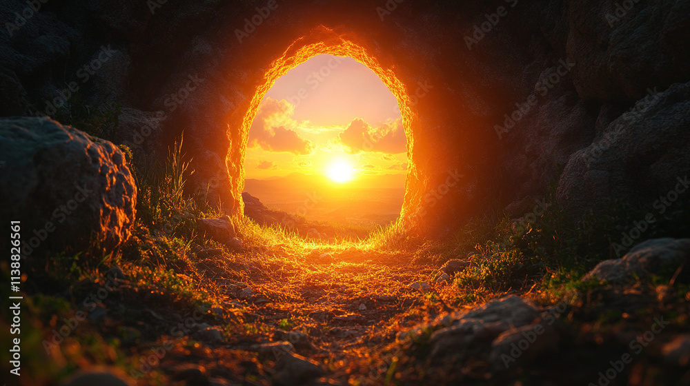 Majestic sunset viewed through a natural stone arch highlighting vibrant colors and serene landscape at dusk Majestic sunset viewed through a natural stone arch highlighting vibrant colors and serene landscape at dusk