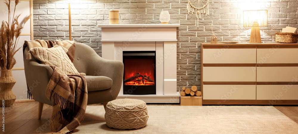 Fototapeta premium Interior of stylish cozy living room with fireplace, armchair and glowing lamps in evening