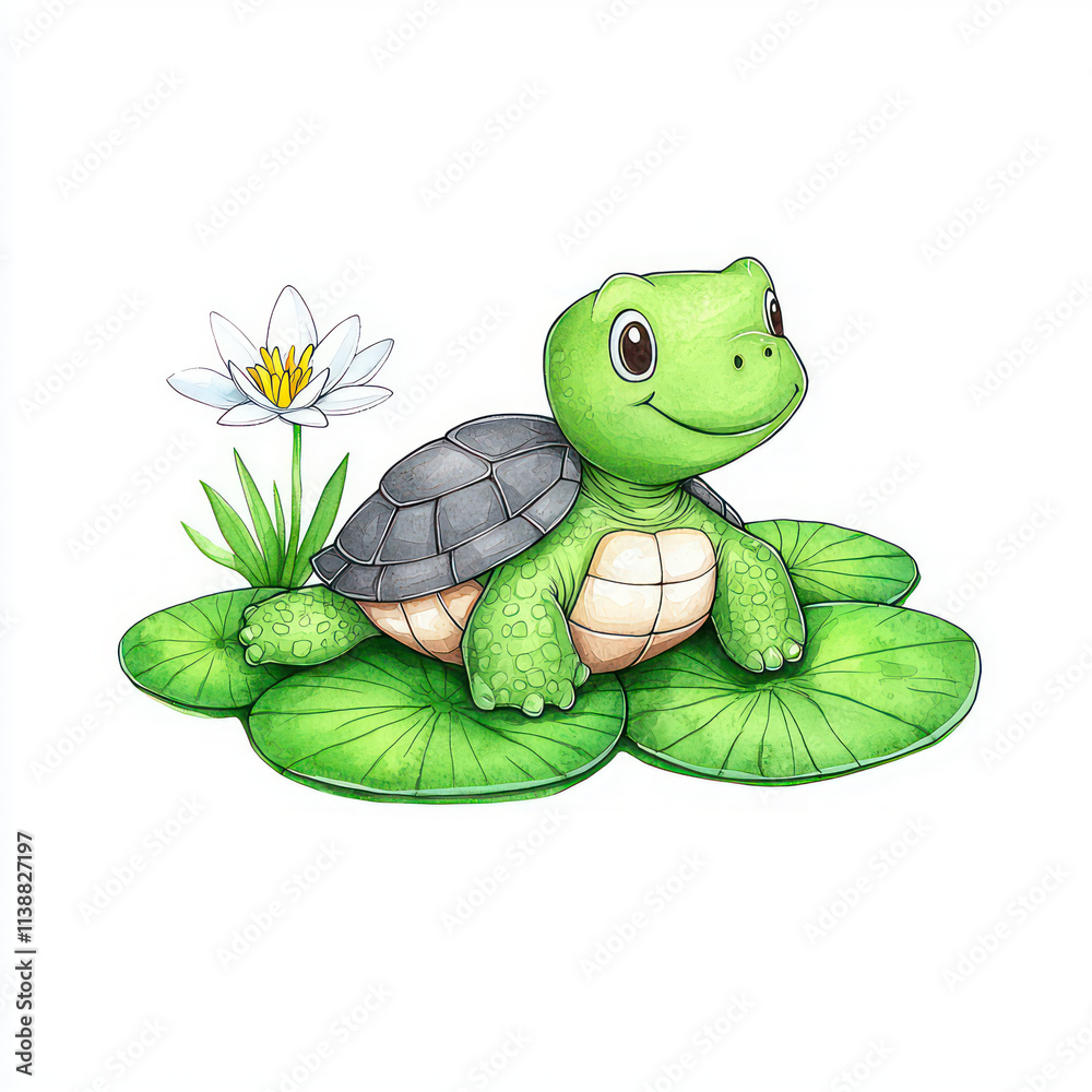 Fototapeta premium cute green turtle on lily pads with flower, radiating joy