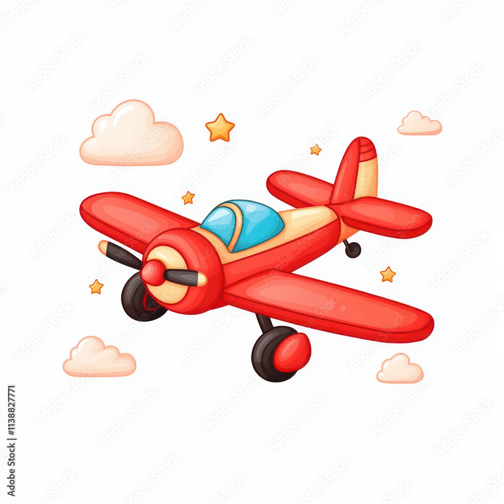 colorful red airplane flying among fluffy clouds and stars, perfect for children s colorful red airplane flying among fluffy clouds and stars, perfect for children s