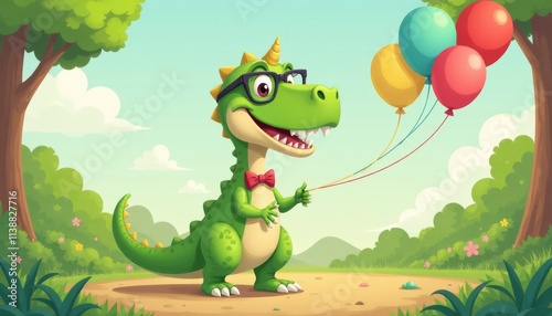 Fototapeta Naklejka Na Ścianę i Meble -  Festive green dinosaur celebrates birthday in a cheerful outdoor setting with balloons