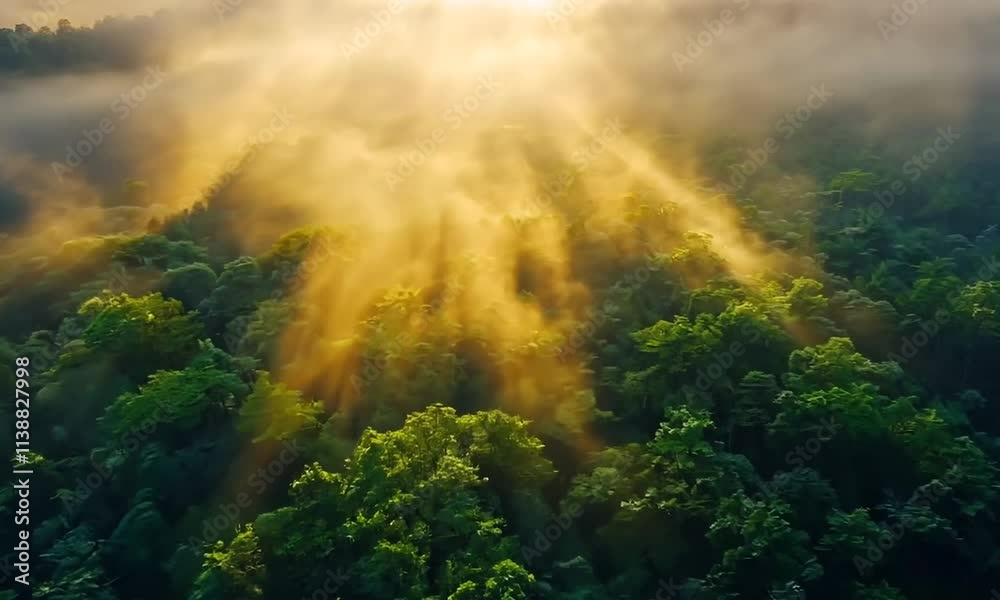 Golden sunbeams illuminate misty forest canopy. Golden sunbeams illuminate misty forest canopy.