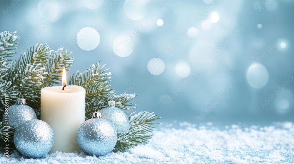 Festive winter scene with candle, ornaments, and snow. Festive winter scene with candle, ornaments, and snow.