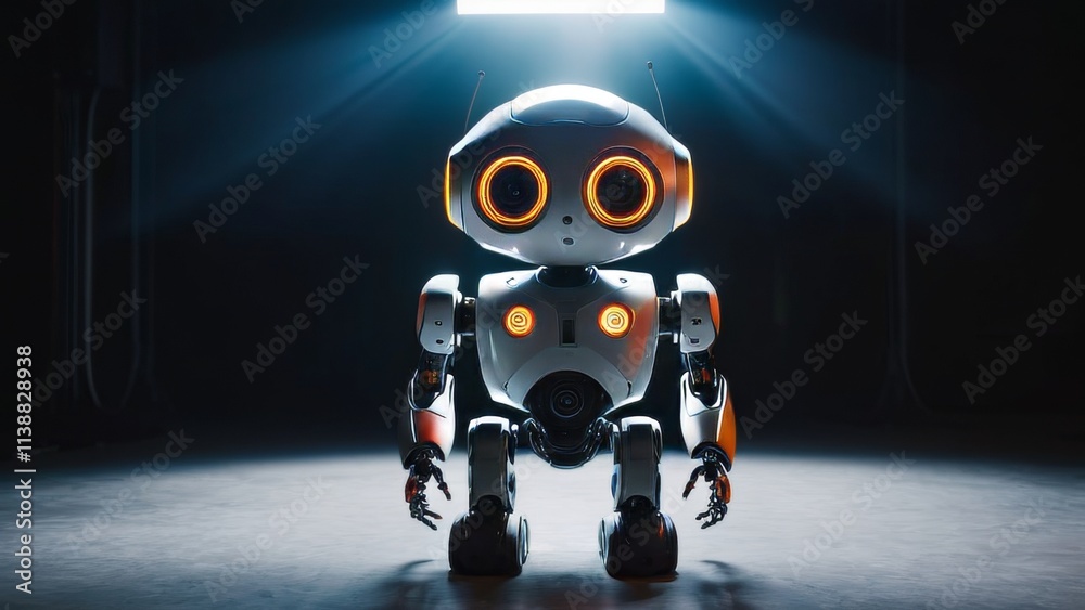A robot is standing in a dark room with a spotlight on it A robot is standing in a dark room with a spotlight on it