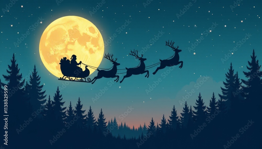 Flying through the night sky in a magical sleigh under a glowing full moon