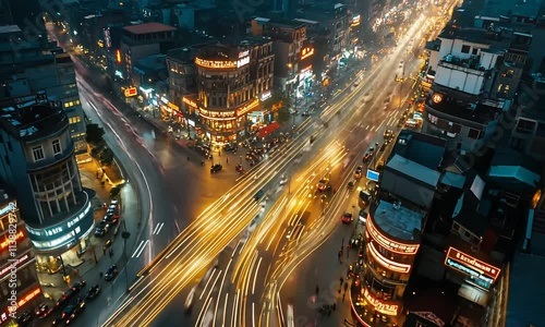Hanoi night traffic intersection with blurred lights.