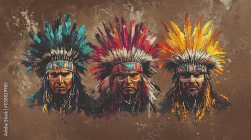 A modern and vivid painting featuring three Native American men, each representing a different tribal background.