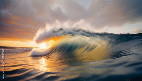 Ocean big wave against the sunset