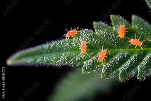 Close-up of red spider mites, Tetranychus urticae on cannabis leaf on black background with copy space, herbivorous mites are a pest and damage the plants, destroying the crop or reducing the yield