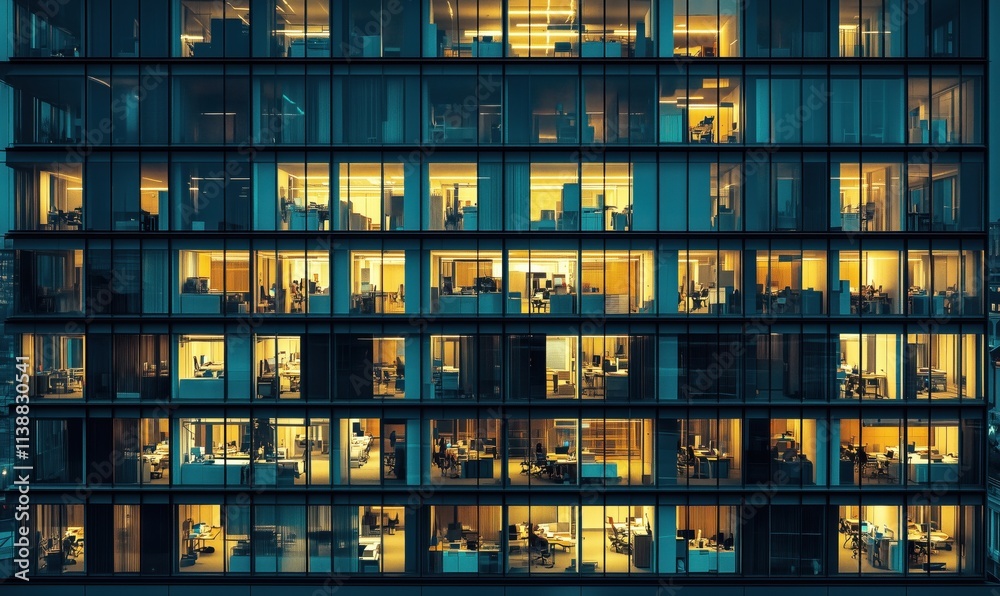 Illuminated office building facade at night, showcasing multiple floors of workspaces, desks, and chairs, warm lighting creating inviting atmosphere. Illuminated office building facade at night, showcasing multiple floors of workspaces, desks, and chairs, warm lighting creating inviting atmosphere.