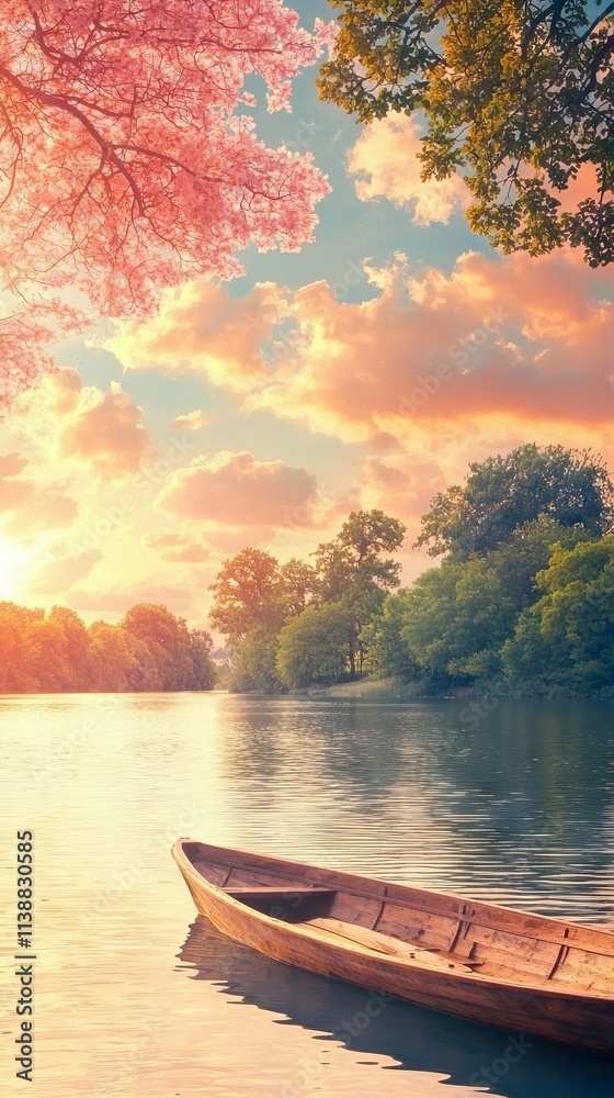 Obraz premium Serene river scene at sunset with a boat and vibrant trees.