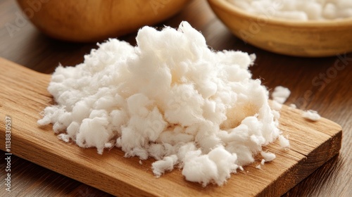 Fluffy white substance on wooden board.