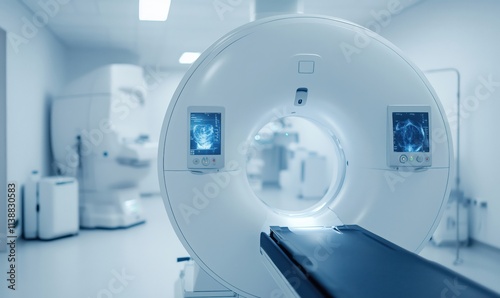CT scanner in modern medical facility, advanced imaging technology, clean environment, healthcare equipment, diagnostic tools
