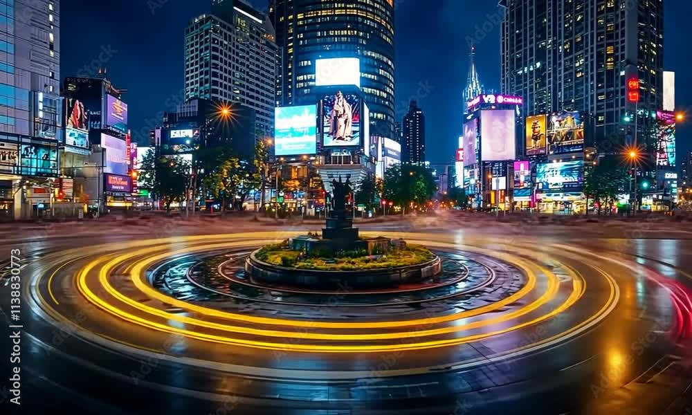 Light trails around a roundabout in a busy city at night.