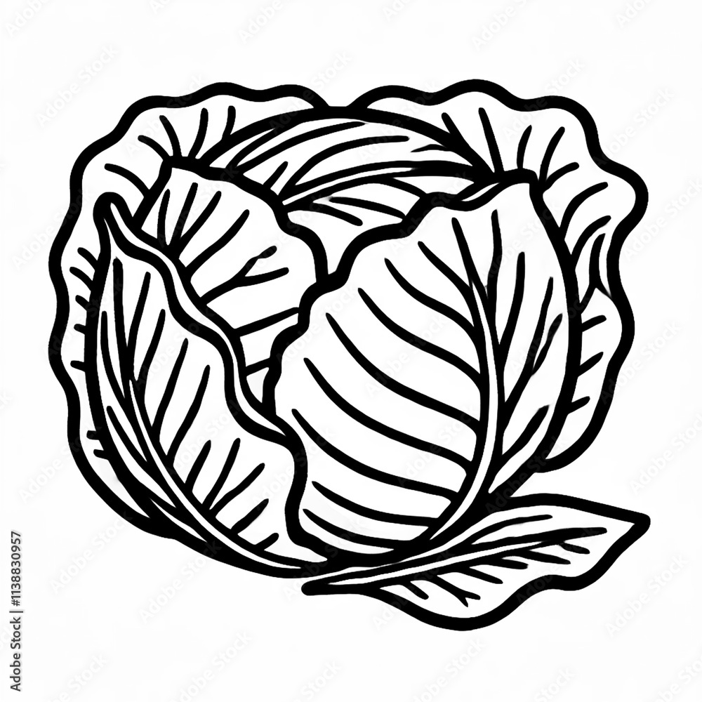 Fototapeta premium Cabbage with Layered, Leafy Structure Coloring Book Outline