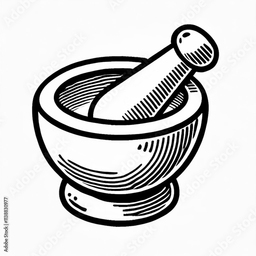 Black-and-white illustration of a mortar with a pestle inside. Suitable for a cooking-themed coloring book page.