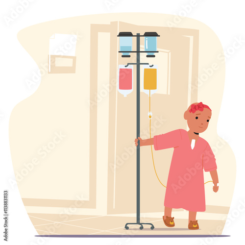 Cute little girl with dripper walking through hospital hall of cancer pediatric clinic cartoon scene