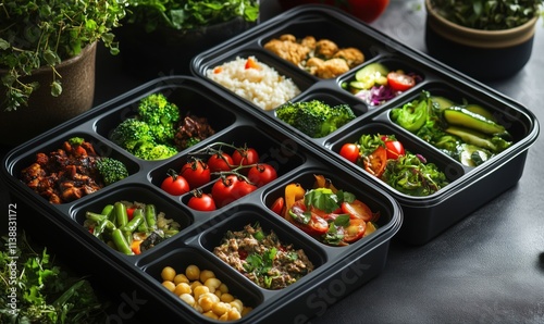 Healthy meal prep containers with assorted vegetables, proteins, grains photo