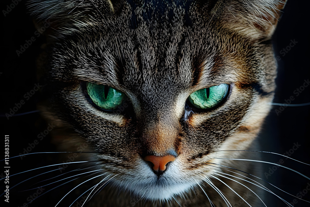 Portrait of a tabby cat staring with intense green eyes on black background