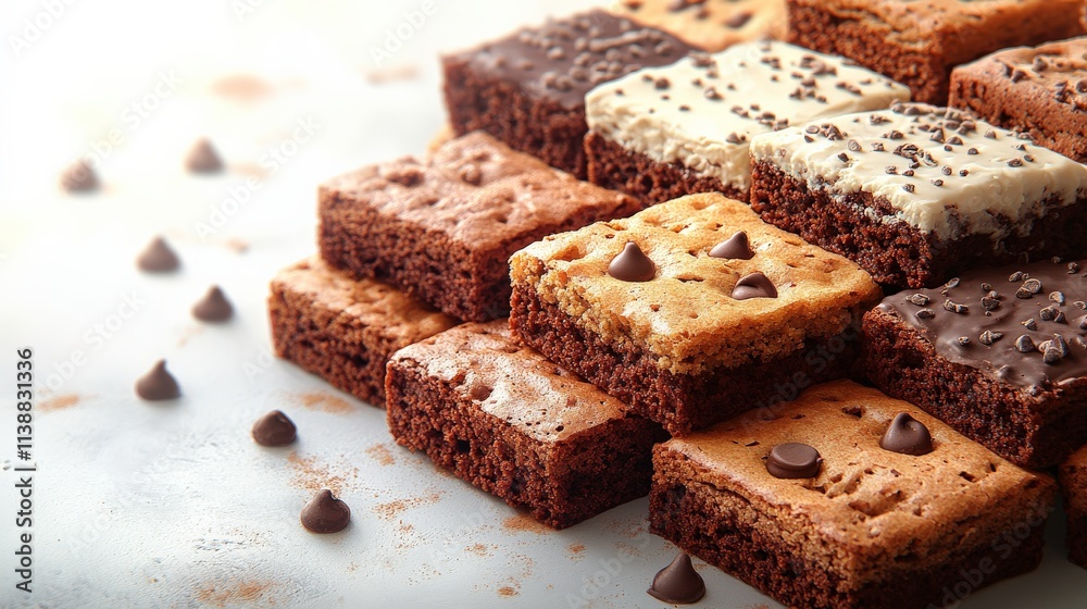 Delicious Assortment of Chocolate Brownies and Blondies with Chocolate Chips on a Light Surface Perfect for Dessert Lovers and Baking Enthusiasts Delicious Assortment of Chocolate Brownies and Blondies with Chocolate Chips on a Light Surface Perfect for Dessert Lovers and Baking Enthusiasts