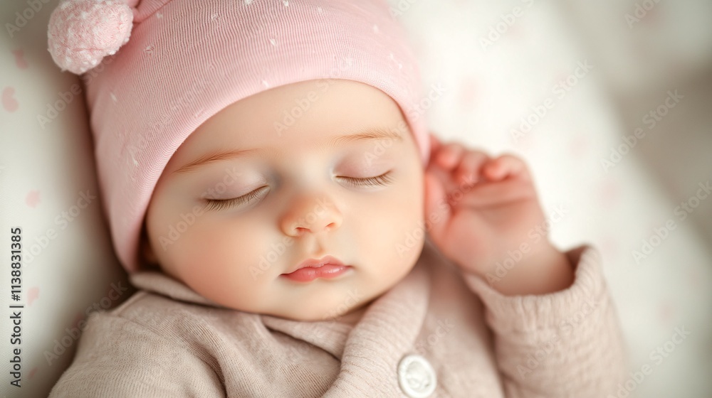 Adorable Newborn Baby Peacefully Sleeping in Pink Hat and Cozy Outfit Adorable Newborn Baby Peacefully Sleeping in Pink Hat and Cozy Outfit