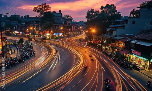 Light trails of motorcycles at dusk in Hanoi Old Quarter roundabout.