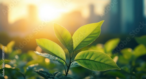 Vibrant green leaves basking in sunlight with a city skyline in the background, capturing the essence of nature in urban settings