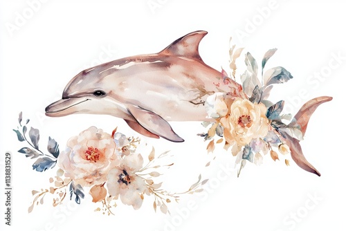 A watercolor depiction of a dolphin among blooming flowers. photo