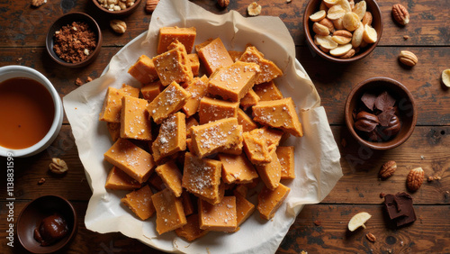 Salted caramel fudge pieces with a rustic presentation