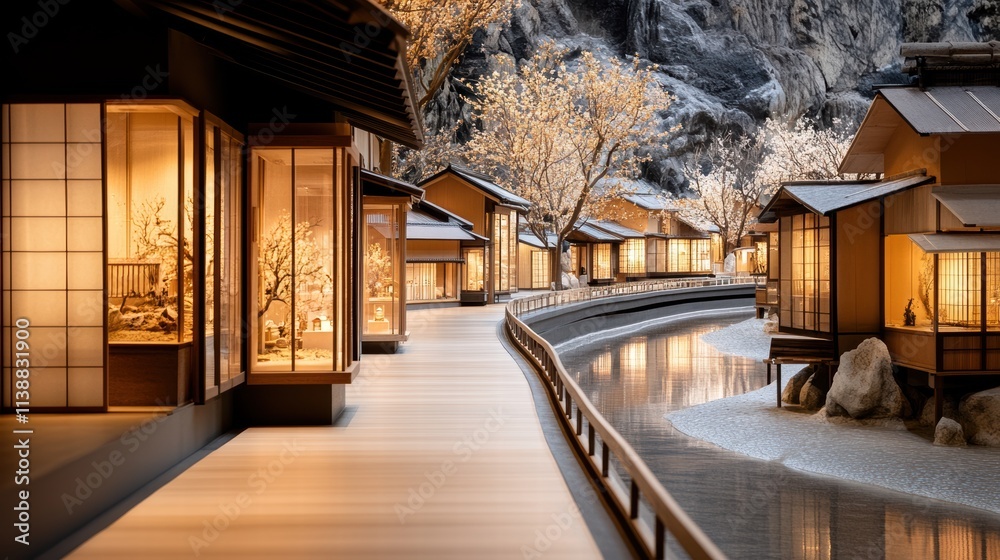 Traditional Japanese houses line a peaceful canal, their soft lantern light reflecting on the water, under a serene, moonlit sky. Traditional Japanese houses line a peaceful canal, their soft lantern light reflecting on the water, under a serene, moonlit sky.