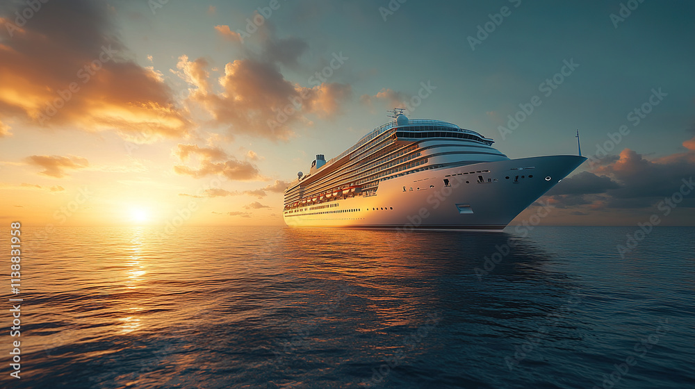 Luxury cruise ship sailing during sunset over calm ocean waters with vibrant sky colors Luxury cruise ship sailing during sunset over calm ocean waters with vibrant sky colors