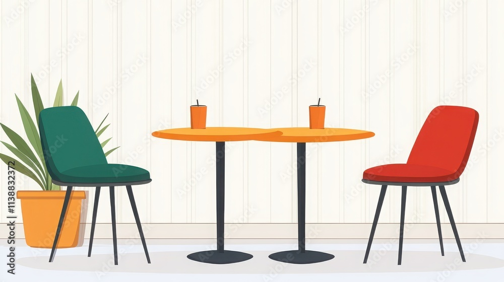 Fototapeta premium A cozy indoor scene featuring two colorful chairs and a small table. Perfect for gatherings and intimate conversations.