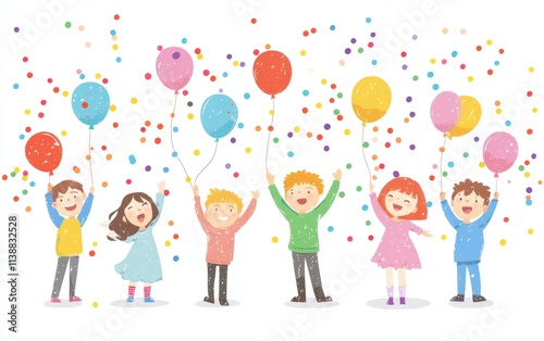 Happy people celebrating a holiday or birthday party joyful characters with balloons and confetti in a flat style on a white background Generative AI