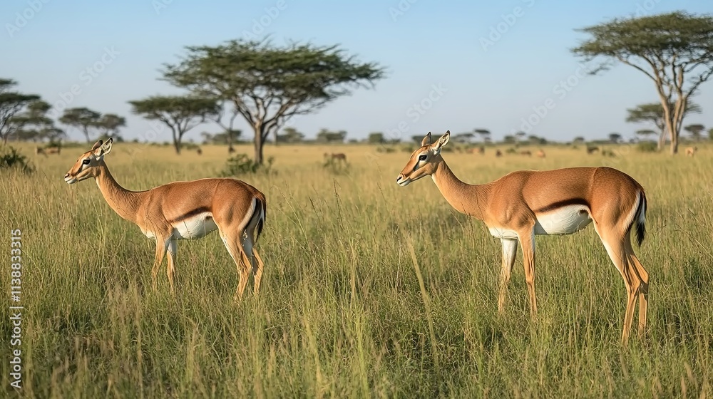 Two impalas in grassland with acacia trees in background Two impalas in grassland with acacia trees in background