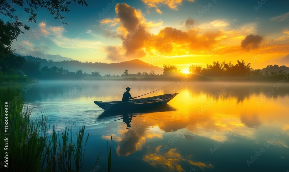 Fishing at sunrise on tranquil lake, silhouette of fisherman in boat, vibrant colors, misty landscape, reflections on water Fishing at sunrise on tranquil lake, silhouette of fisherman in boat, vibrant colors, misty landscape, reflections on water