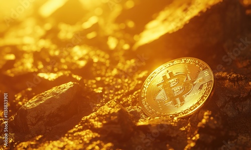 Bitcoin coin on rocky surface, golden glow, cryptocurrency concept, digital currency, investment opportunity photo