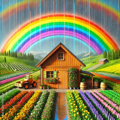 Shed with rainbow and flower fields in all colors