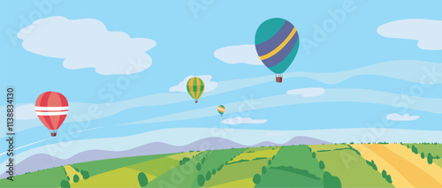 Air hot balloons flying over rural agricultural field scenic landscape vector illustration